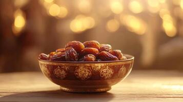 Golden bowl of dates on wooden surface evoking warmth and traditional dessert vibes photo