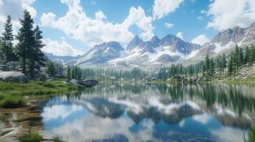 Serene alpine lake mirroring snow capped mountains and cloudy sky in perfect clarity photo