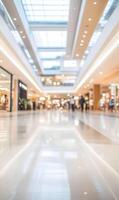 Blurred interior of a modern shopping mall with bright ceiling lights reflecting on the floor photo
