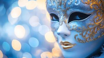 Close up of a venetian carnival mask with intricate gold details and a blurred background photo