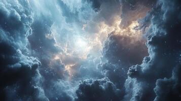 Celestial canopy illuminated with nebulous brilliance and glimmering starlight sprinkled above photo