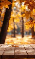 Autumnal equinox scenic golden foliage and rustic wooden platform display backdrop image photo