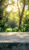 Stone surface against verdant backdrop evoking nature's harmony and serene tranquility photo