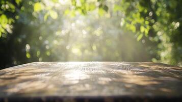 Enchanting sunlit wooden surface amidst vibrant greenery ideal for product display backdrop photo