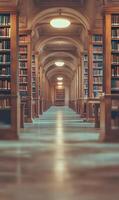 Serene library corridor featuring rows of vintage books and classic architecture photo