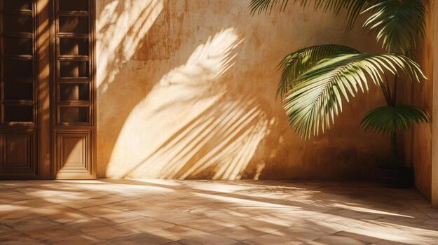 Sunlit tropical indoor space with palm tree casting shadows on a textured wall backdrop photo