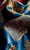 Intricate golden threads on flowing vibrant royal blue textile with beautiful floral design photo