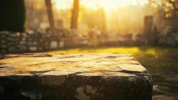 Sun kissed weathered stone surface against golden hour ethereal backdrop landscape view photo