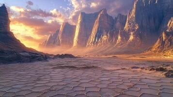 A desert landscape with rocks and sand photo