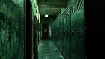 A long hallway with green lockers in it photo