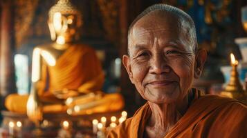 An elderly monk with a gentle smile sits peacefully, dressed in orange robes, amidst candlelight and a stunning golden statue in a tranquil temple setting photo