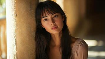 A woman leaning against a wall photo