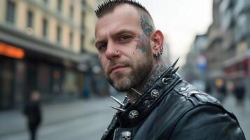 A man with tattoos on his face and a leather jacket photo