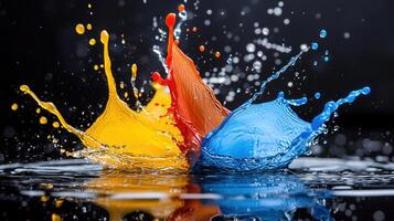 Colorful splash of water on black background photo