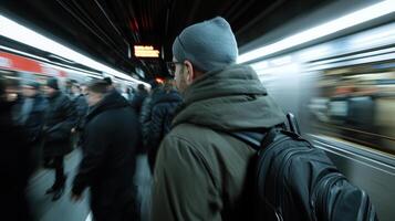 A man with a backpack and a hat is walking through a subway station photo