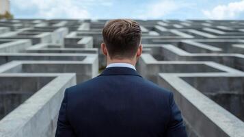 A man in a suit is looking at a maze photo