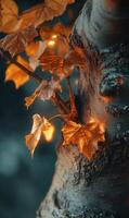 Glimmering autumn foliage clinging gently to the rugged bark of an aging tree trunk scene photo
