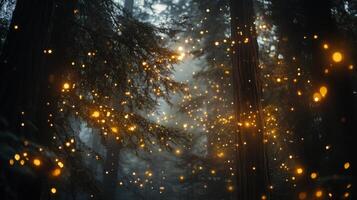 Enchanted forest illuminated with shimmering lights, a magical woodland atmosphere unfolds photo