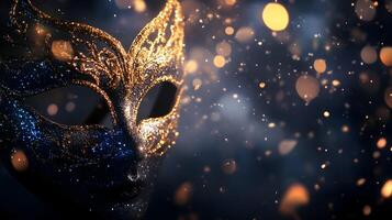 Elegant gold and blue venetian mask with a blurred bokeh background creating magic and mystery photo