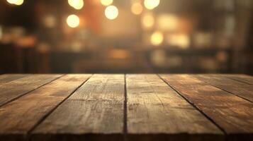 Rustic wooden tabletop against a blurred warm background creating an inviting atmosphere photo