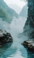 Enchanting ethereal waterscape with mist shrouded mountains and rocky formations in a serene realm photo