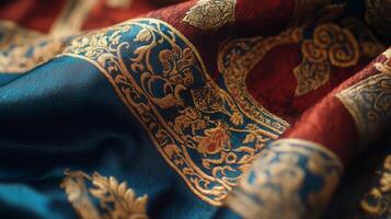 Intricate arabesque pattern, luxurious fabric in sapphire and ruby with gilt floral tracery photo