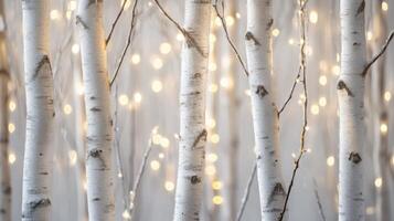 Enchanting birch forest with festive illumination creating a magical winter atmosphere photo
