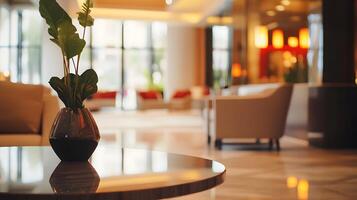 Elegant Lobby Interior with Decorative Plant on Table for Hospitality Ambiance photo