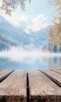 Serene lakeside view from a rustic wooden pier offering tranquility and natural beauty photo
