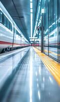 Modern high speed train at the station with motion blur and bright light reflection photo