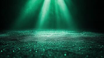 Emerald radiance, mystical glowing green spotlight illuminating a glittery surface concept photo