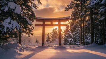 Japanese Torii gate in snowy landscape at stunning sunset, peaceful and serene scenery photo