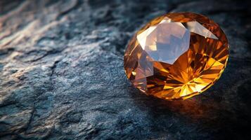 Gleaming citrine gemstone resting upon a textured stone surface with captivating light play photo
