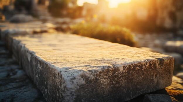 Ancient Stone Slab Bathed in Golden Sunlight Evokes Timelessness and Historical Resonance photo