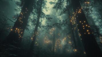 Enchanted forest with glowing lights, mystical woodland ambiance under twilight canopy photo