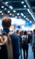 Blurred crowd of people walking at a business convention or trade show event photo