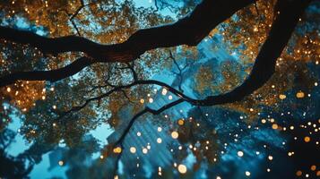 Enchanted Canopy, Glimpses of Golden Foliage and Celestial Spheres under Dark Tree Limbs photo