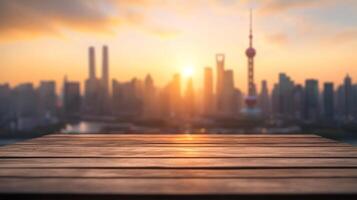 Shanghai cityscape at sunset from a wooden platform showcasing modern architecture and vibrant colors photo