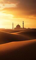 Golden horizon where desert meets spiritual architecture at sunset, serene destination photo