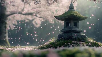 Japanese Garden Stone Lantern with Blossoms Gently Falling in Dreamy Landscape photo