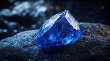 Luminous sapphire crystal with sharp edges on a dark grainy surface, captivating treasure photo