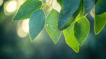 Eucalyptus leaves glistening with dew drops under the soft morning light creating nature's beauty photo
