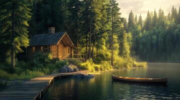 Secluded log cabin by a tranquil lake surrounded by dense forest and a wooden canoe photo