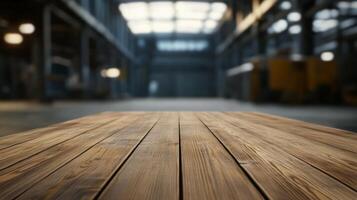Rustic wood planks against a blurred industrial backdrop provide a sense of scale photo
