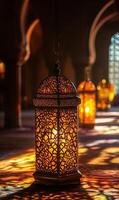 Ornamental lantern illuminating a cultural space with warm light and decorative patterns photo