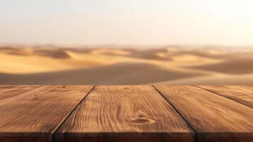Wooden surface overlooking a serene sandy desert landscape under the warm glow of sunlight photo