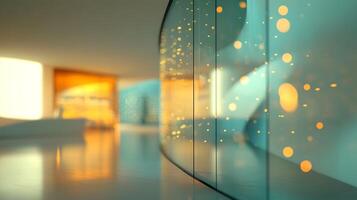 Abstract Architectural Interior with Glowing Orbs and Reflected Light Design Elements photo