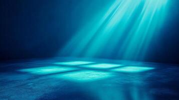 Ethereal turquoise rays piercing dark void, illuminating square patterns on textured floor photo