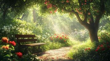 Sunlit floral path with tranquil bench and blooming roses invites gentle reflection photo