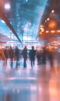 Blurred motion of people at the airport terminal with glass wall background photo